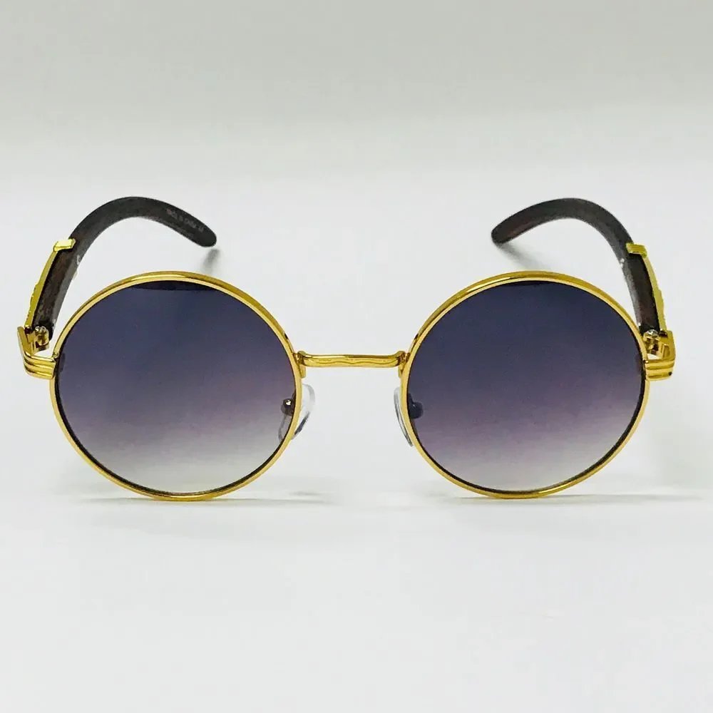 Black Gradient Lens Sunglasses Men Shades Circle Gold Frame Buffs Hip Hop Rapper